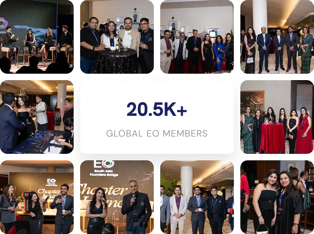 Intricate bento-style grid of founder photos and a central stat